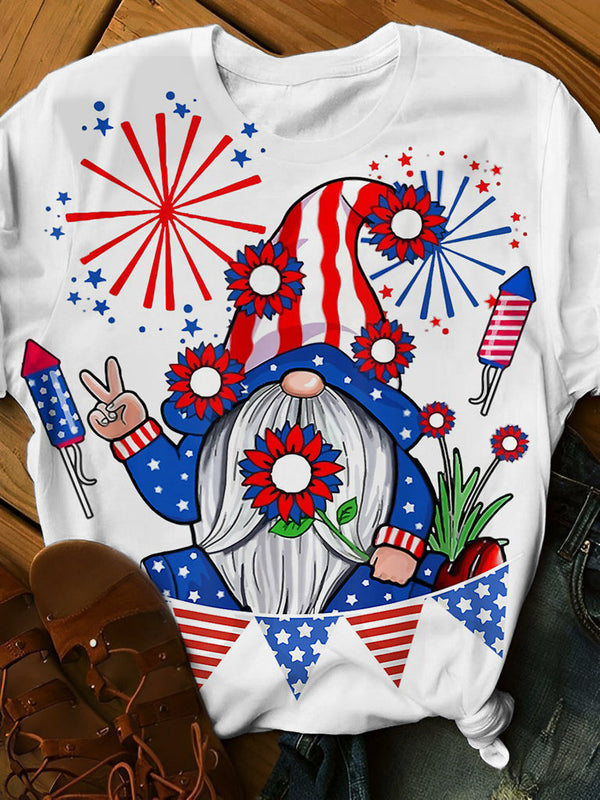 Gnome American Flag 4th Of July Print Crew Neck T-Shirt