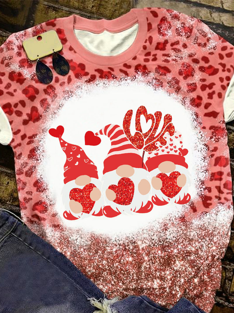 Women's Leopard Valentine's Gnome Glitter  Print Casual T-Shirt