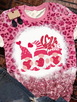 Women's Leopard Valentine's Gnome Glitter  Print Casual T-Shirt
