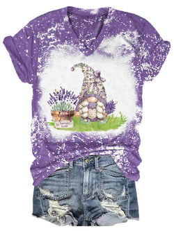 Women's V Neck Gnome Lavender Print Tie Dye T-Shirt