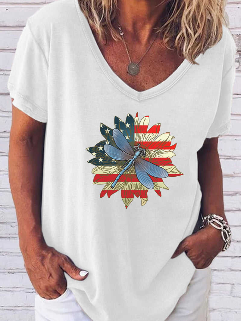 Women's Independence Day Dragonfly Sunflower V-Neck Shirt