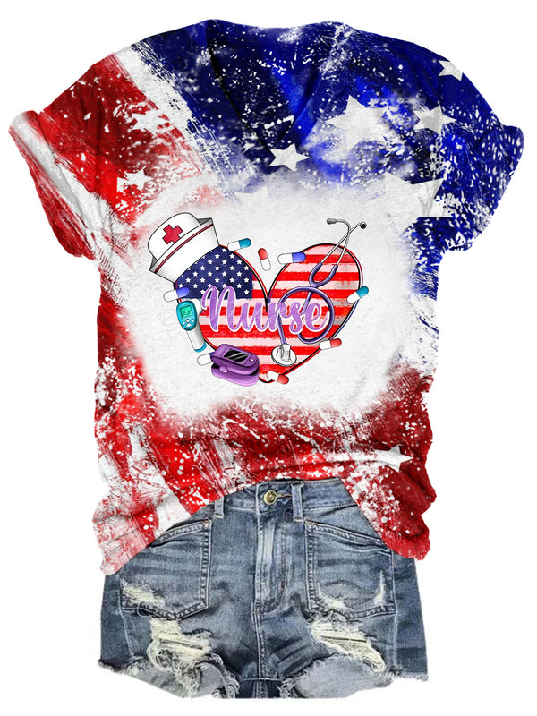 American Nurse USA Flag Heart V Neck T-shirt