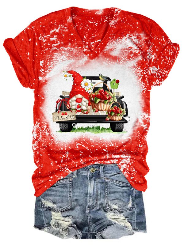 Strawberry Truck Gnome Tie Dye V Neck T-shirt