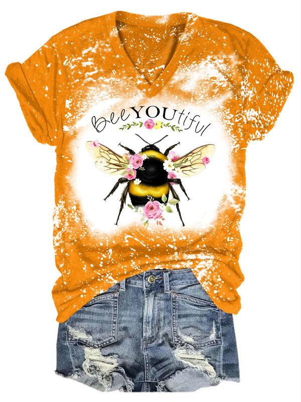Bee You-tiful Flowers Bee Bleaching V Neck T-shirt