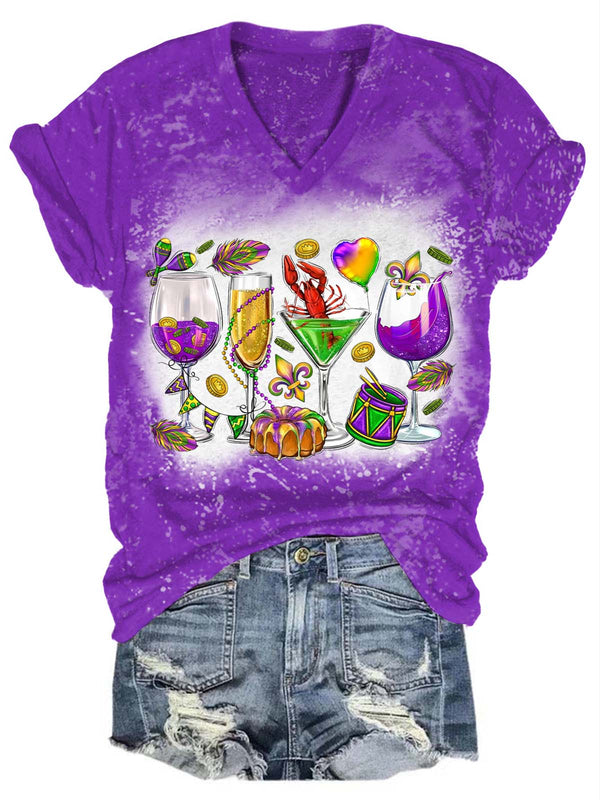 Mardi Gras Wine Glass Tie-dye V Neck T-Shirt