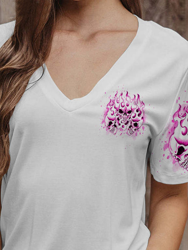 Women's personalized slogan creative print skull V-neck T-shirt