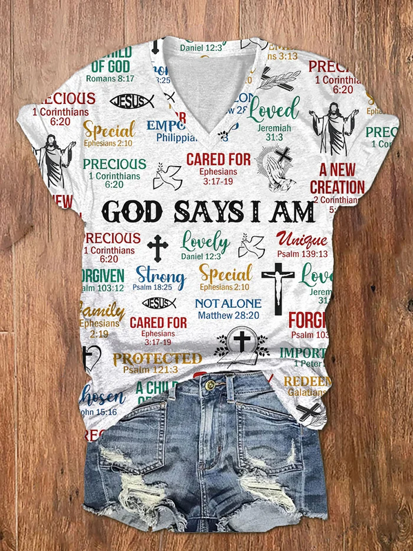 Women's Faith What God Says About You Print V-Neck T-Shirt