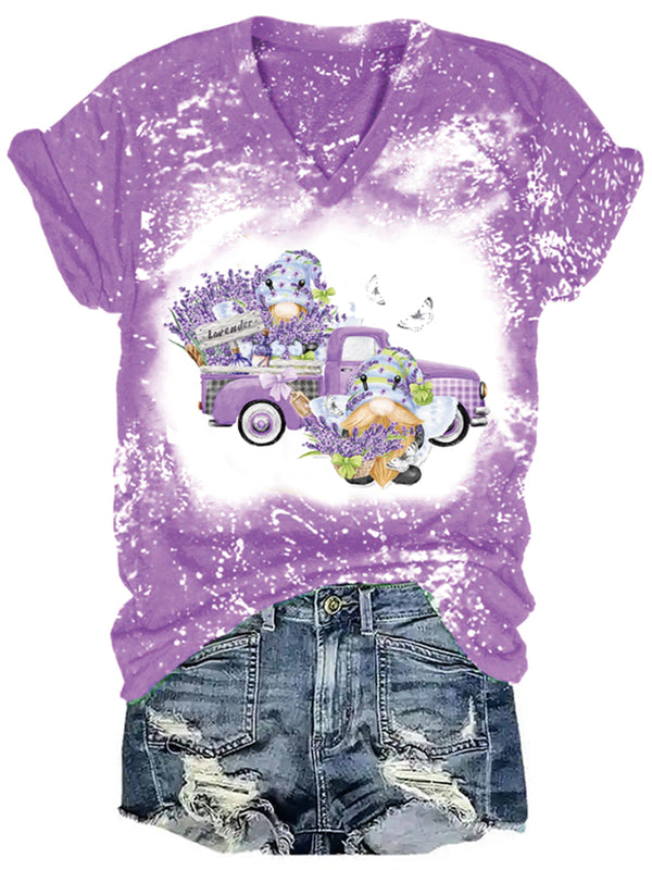 Women's Car Gnome Lavender Print Tie Dye V-Neck T-Shirt