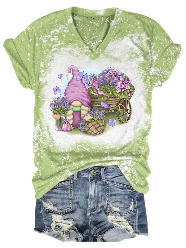 Lavender Gnome Flower Bleaching V Neck T-shirt