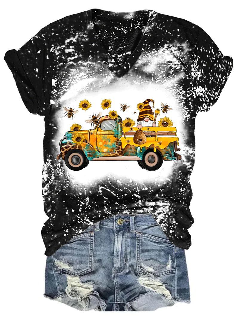 Bee Sunflower Gnome Truck Bleaching V Neck T-shirt