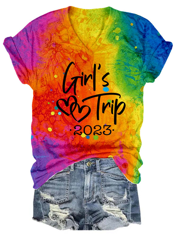 Girl's Trip 2023 Tie-dye Print V-neck T-shirt
