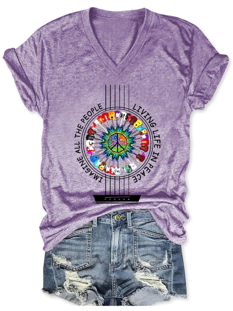Women?．S All The People Living Life In Peace Hippie Guitar V-Neck T-Shirt