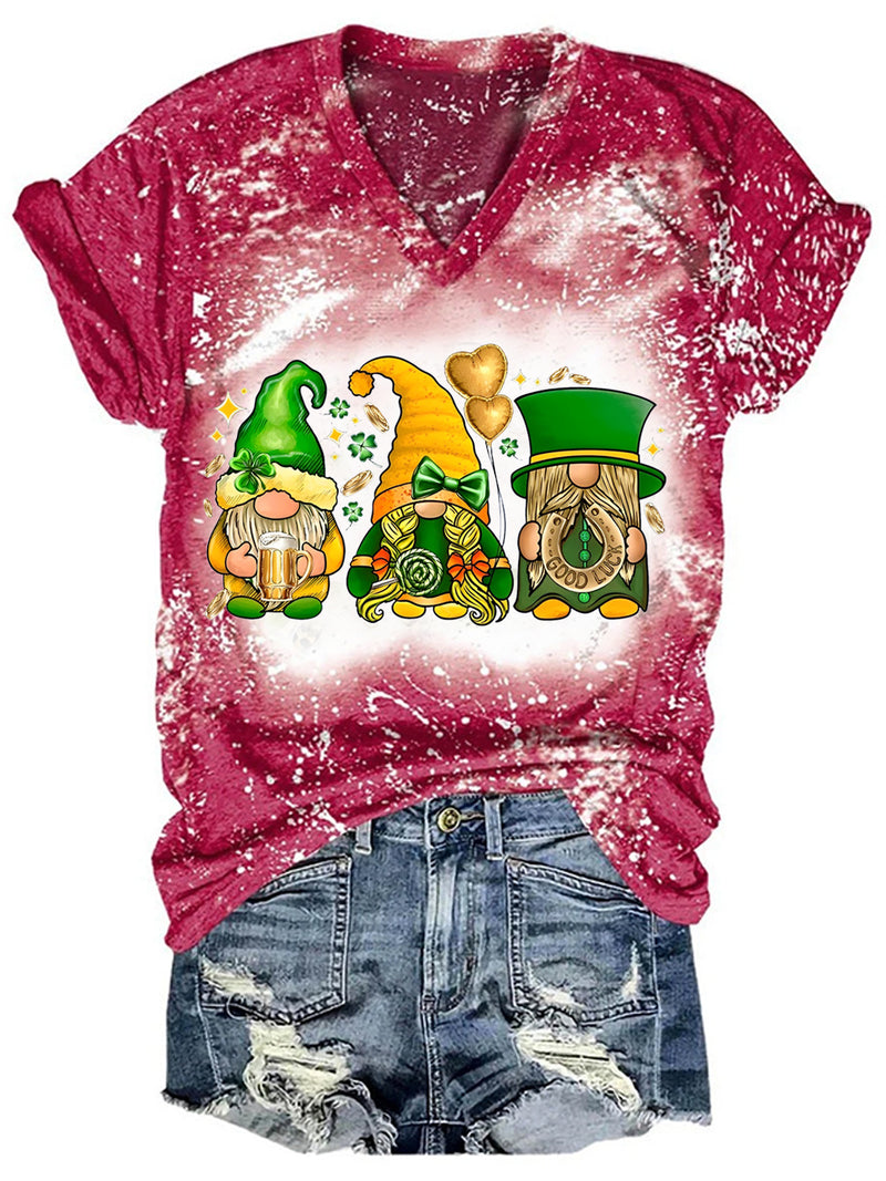 St. Patrick's Day Lucky Gnomies Bleaching V Neck T-shirt