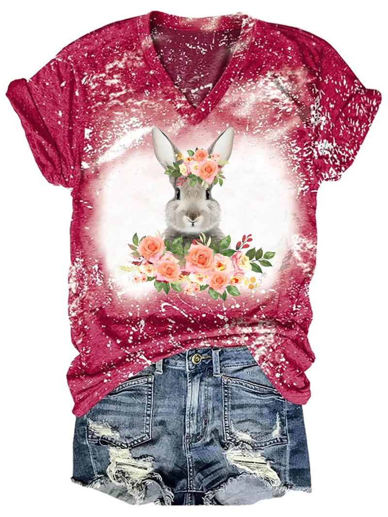 Easter Flower Bunny Bleaching V Neck T-shirt