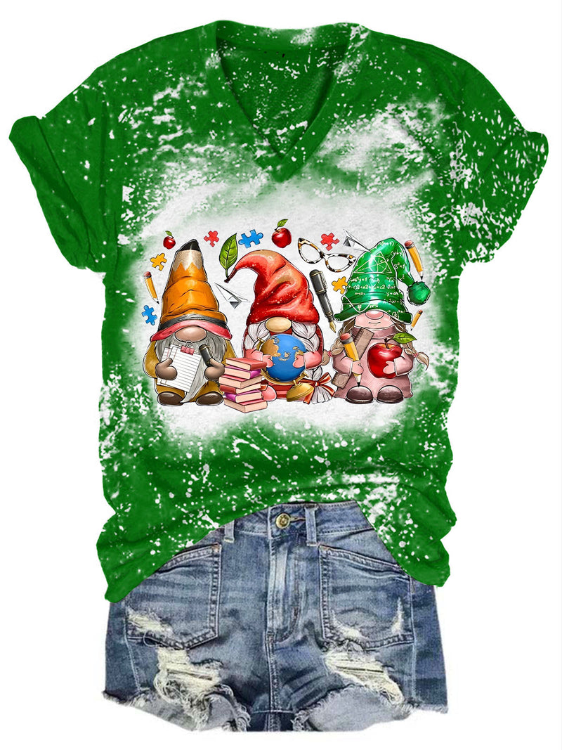 Teacher Gnomes Print V-Neck T-Shirt