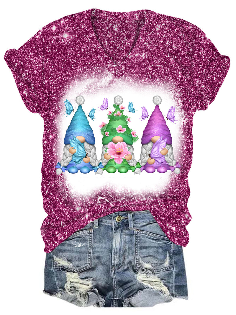 Hello Spring Gnomes Glitter V Neck T-shirt