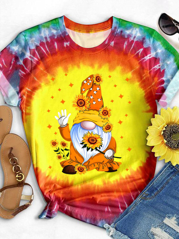Women's Gnome  Sunflower Tie-Dye Print Crew Neck Casual T-Shirt