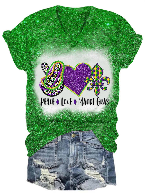 Glitter Peace Love Mardi Gras Print  T-Shirt