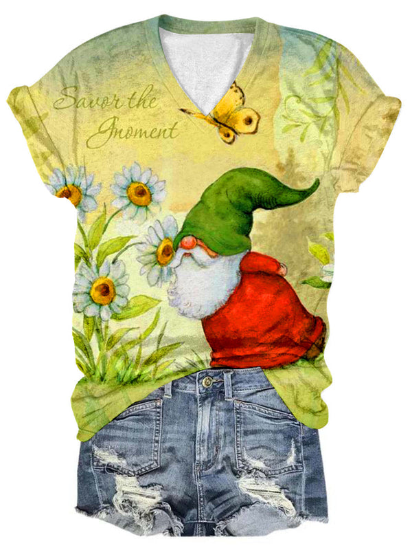 Daisy Butterfly Gnome Print V Neck T-shirt