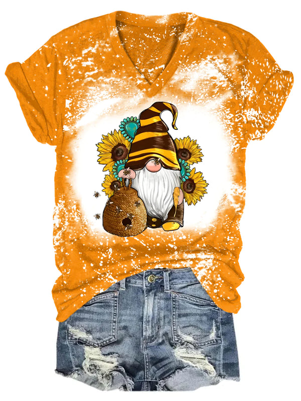 Honey Sunflower Gnome Bleaching V Neck T-shirt