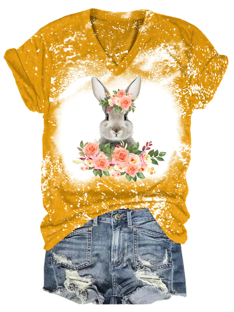 Easter Flower Bunny Bleaching V Neck T-shirt