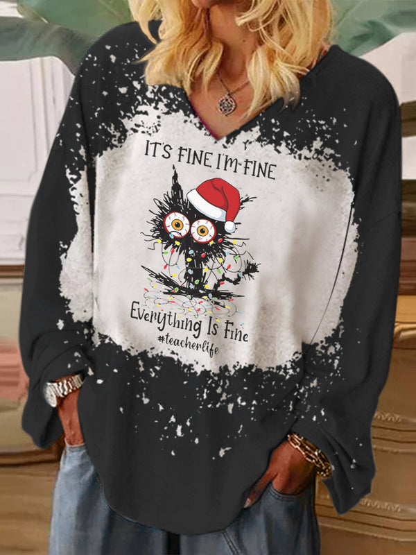 It's Fine I'm Fine Everything Is Fine Christmas Cat Bleaching V-neck Shirt