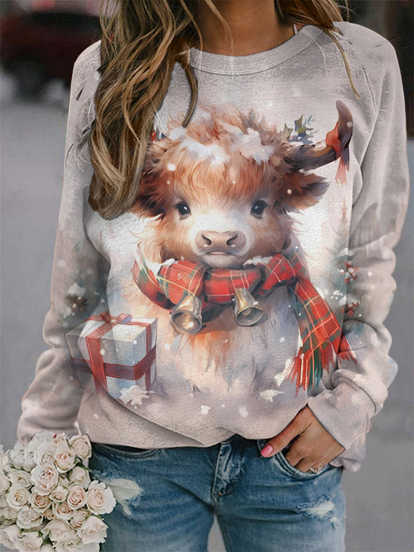 Highland Cow Christmas Print Long Sleeve Casual Top