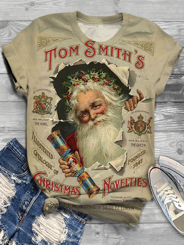 Vintage Santa Print Crew Neck T-shirt