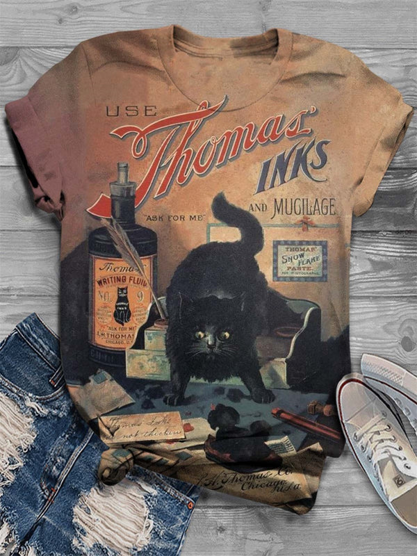 Black Cat In Vintage Ad Poster Print T-shirt