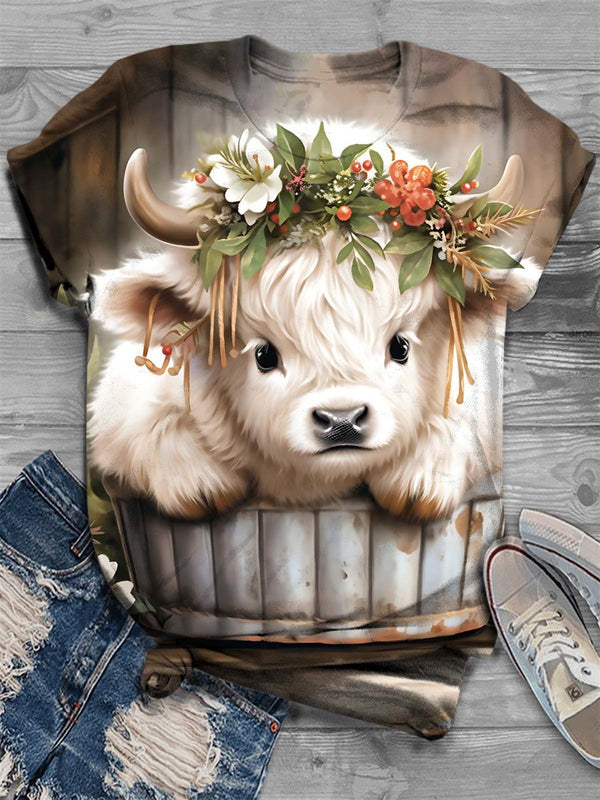 Christmas Baby White Highland Cow Print Crew Neck T-Shirt