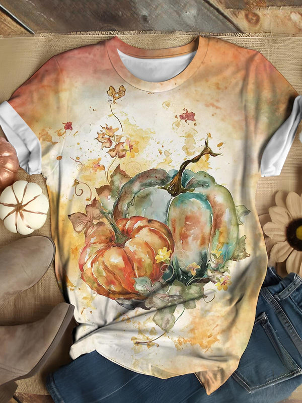 Watercolor Pumpkins Printed Casual T-shirt