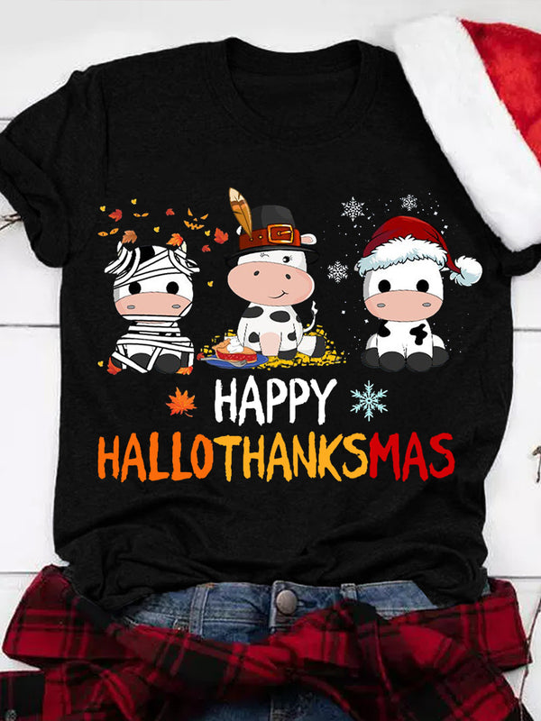 Cute Cow Hallothanksmas Print T-shirt