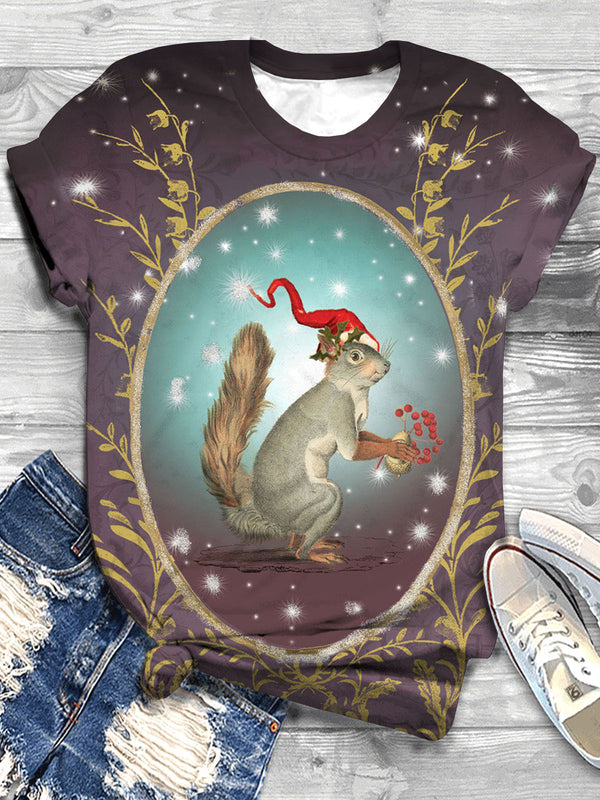 Christmas Rabbit Print Crew Neck T-shirt