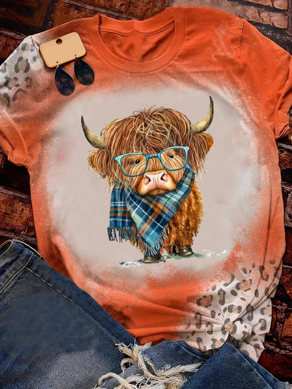 Women's Round Neck Tie Dye Leopard Highland Cow Print T-Shirt