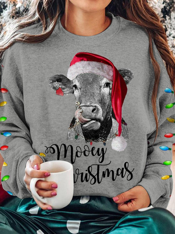 Christmas Cow Print Long Sleeve Casual Top