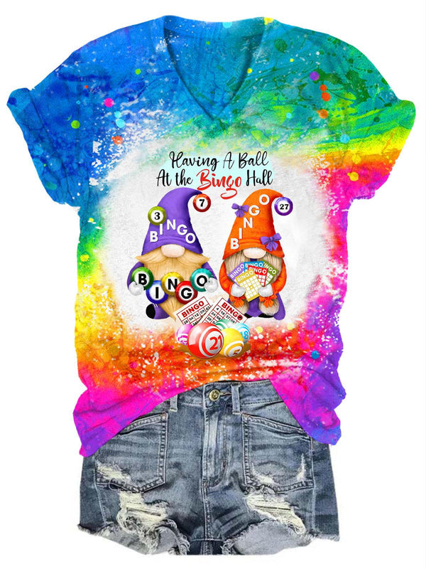 Bingo Player Gnomes Print V-Neck T-Shirt