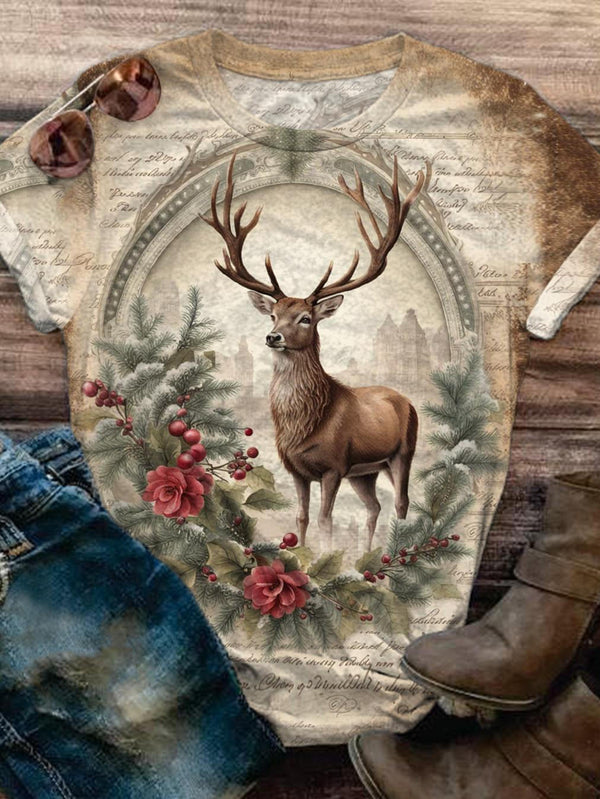 Vintage Elk Print Crew Neck T-shirt