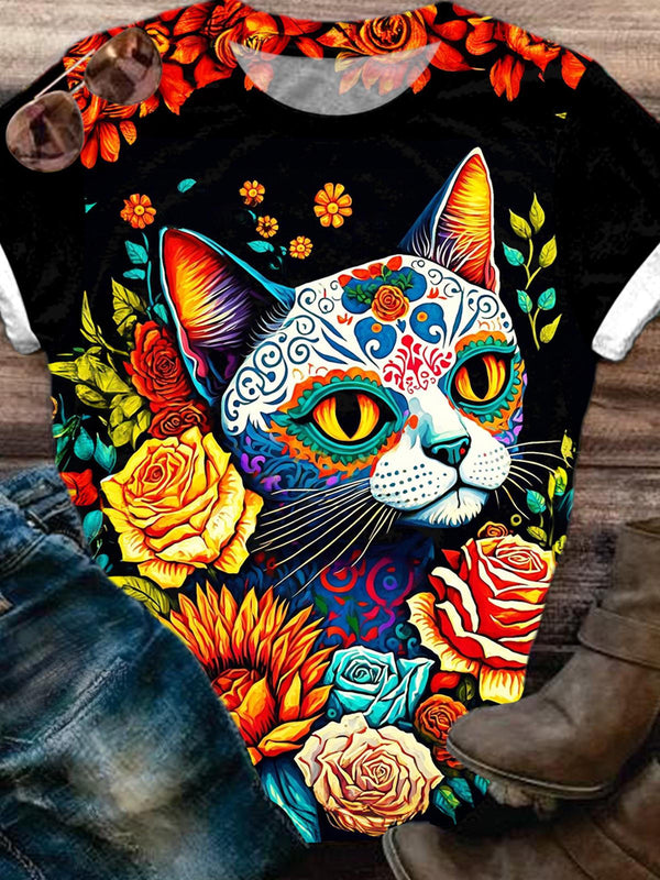 Day Of The Dead Skull Cat Casual T-shirt