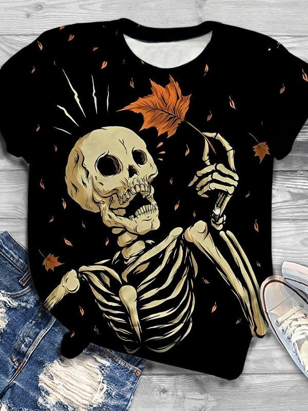 Maple Leaf Skull Print Crew Neck T-Shirt