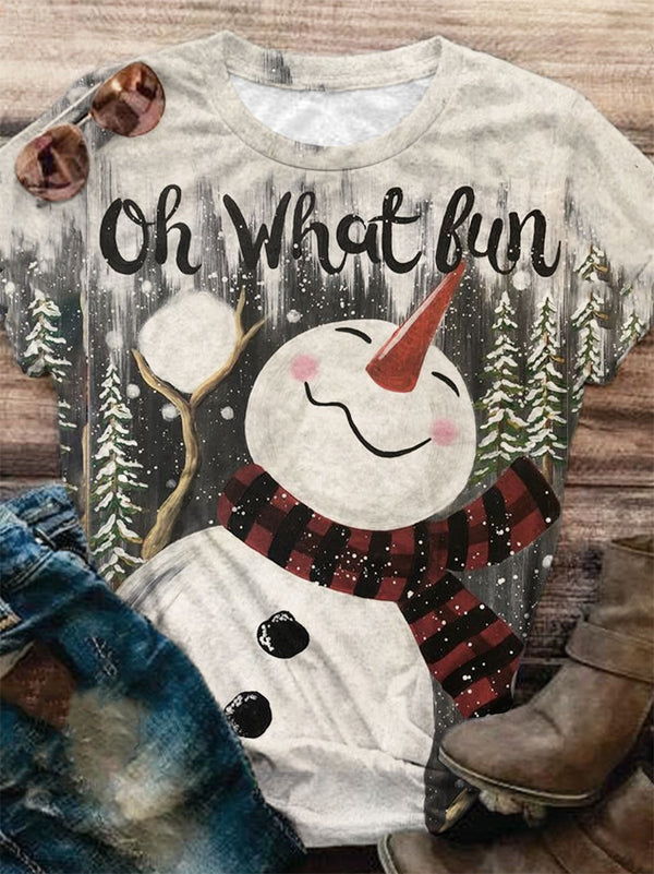 Women's Winter Fun Snowman Print Round Neck T-Shirt