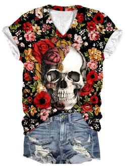 Rose Flower Skull Print V Neck T-Shirt