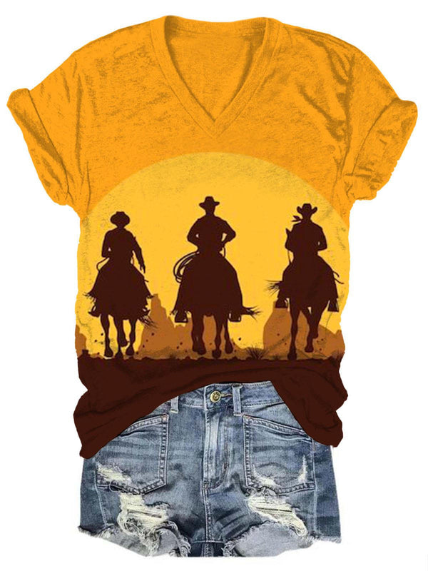 Women's V Neck Western Cowboy Print Top