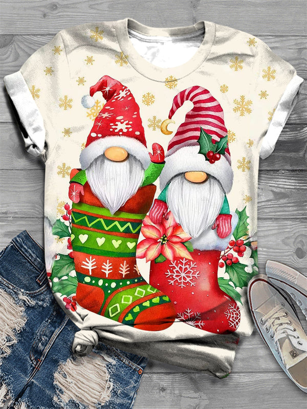 Christmas Stocking Gnome Print Crew Neck T-Shirt