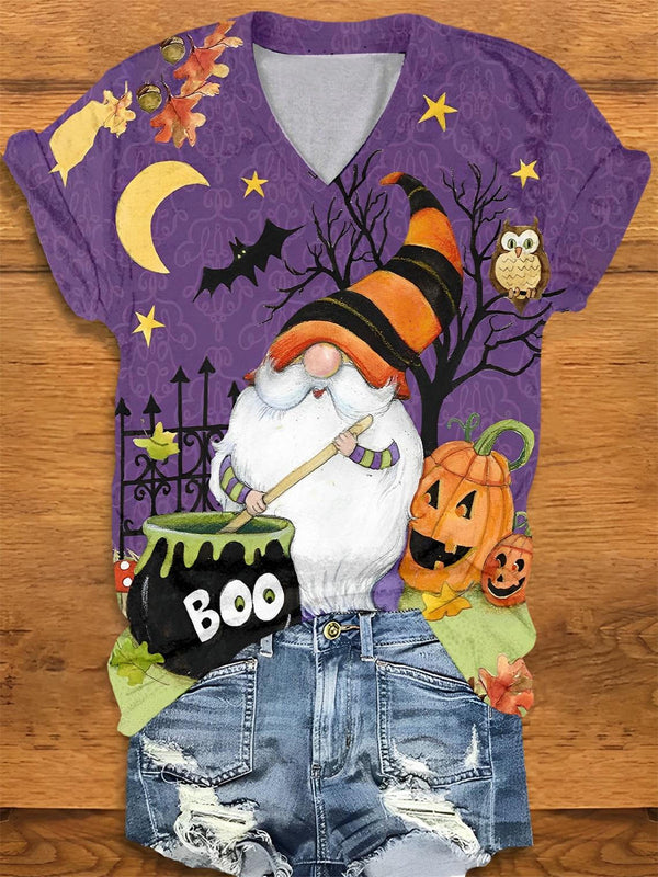 Halloween Gnome Print V-Neck T-Shirt