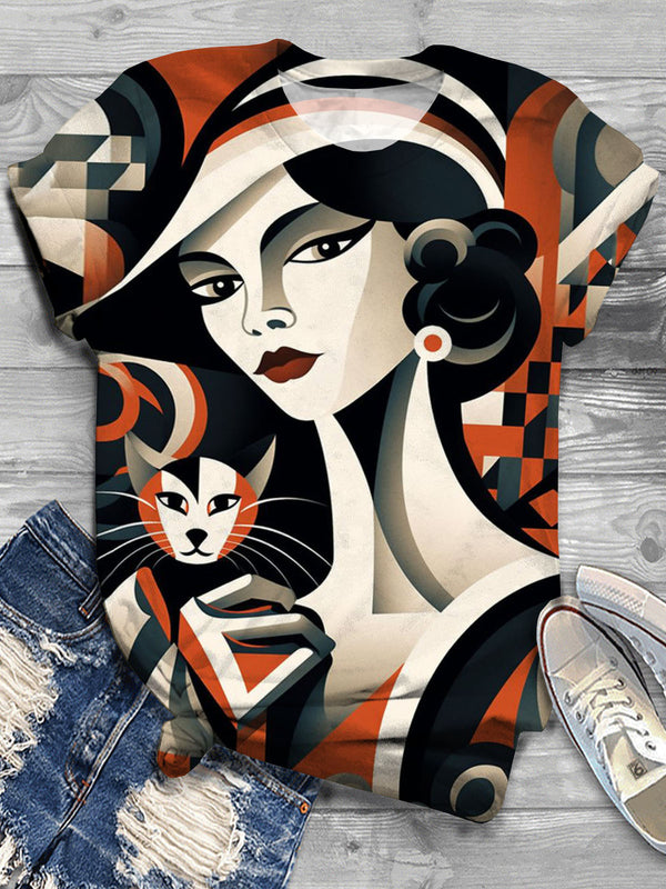 Woman With Cat Print Crew Neck T-shirt