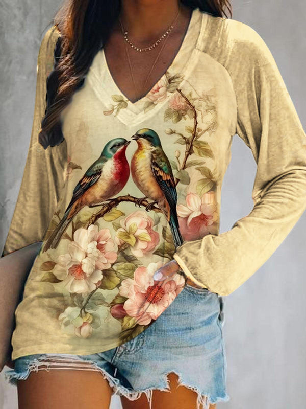 Vintage Floral Bird Print Long Sleeve Top