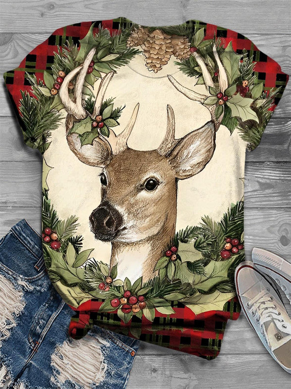 Women's Fun Christmas Elk Print T-Shirt