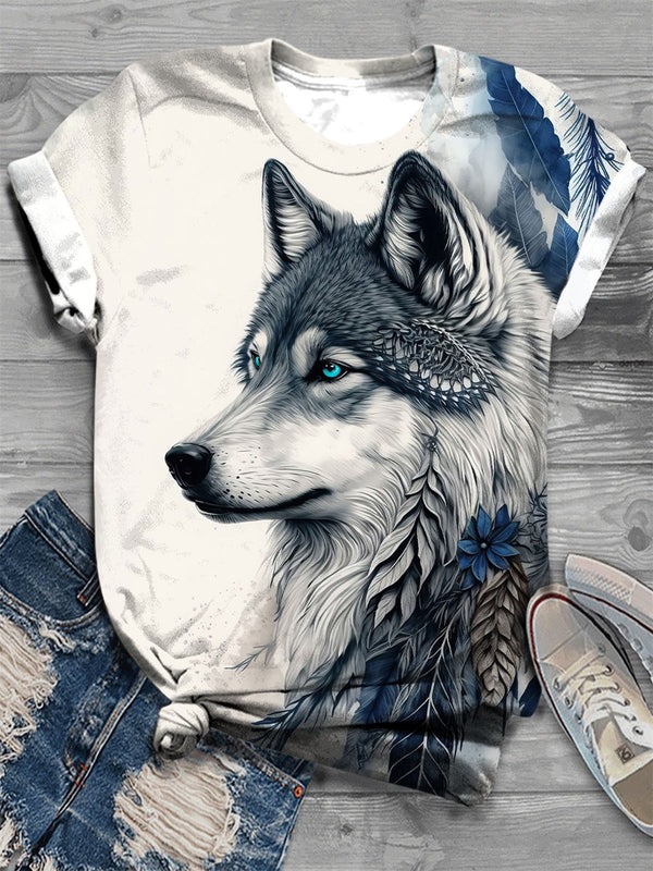 Women's Animal Wolf Ethnic Print Crew Neck T-Shirt