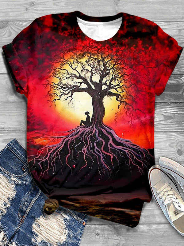 Sunset Tree Print Casual T-shirt