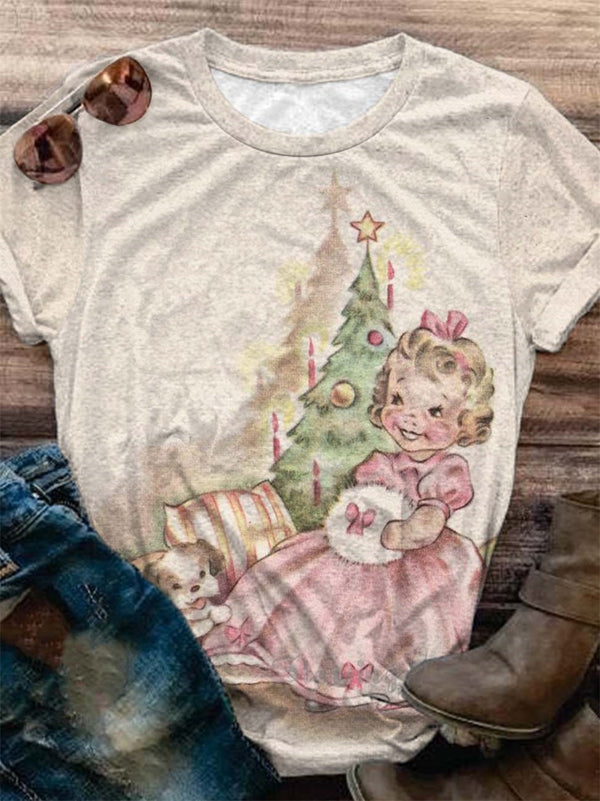 Retro Christmas Girl Print Crew Neck T-Shirt